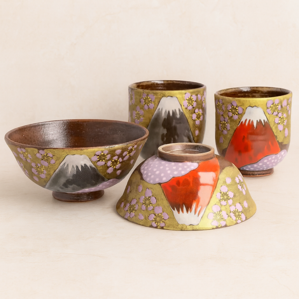 KUTANI WARE “GOLDEN CLOUD & SAKURA MT. FUJI” COUPLE SET BY YOSHINORI FUKUDA – JAPANESE CERAMIC GIFT BOXED