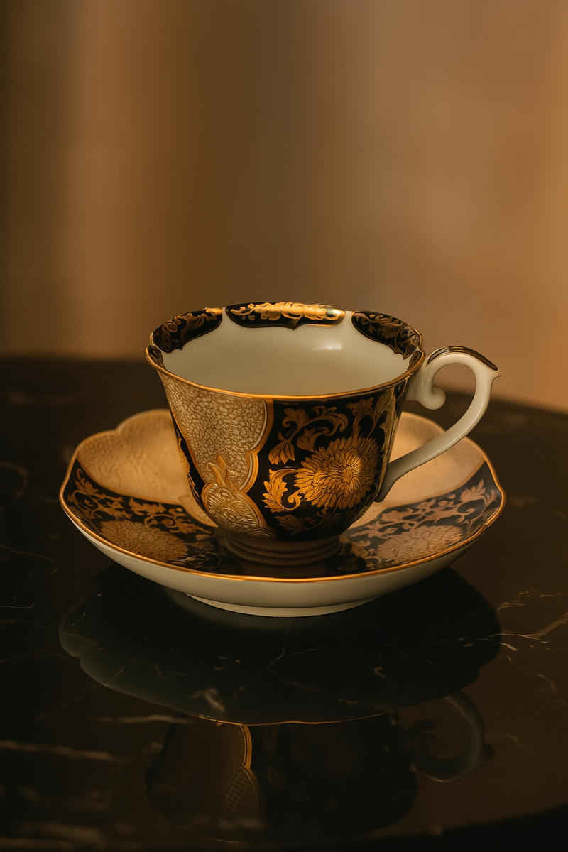 ARITA COFFEE CUP BLACK GROUND TEACUP WITH GOLD CHRYSANTHEMUM DESIGN/ TOKUKŌ KILN