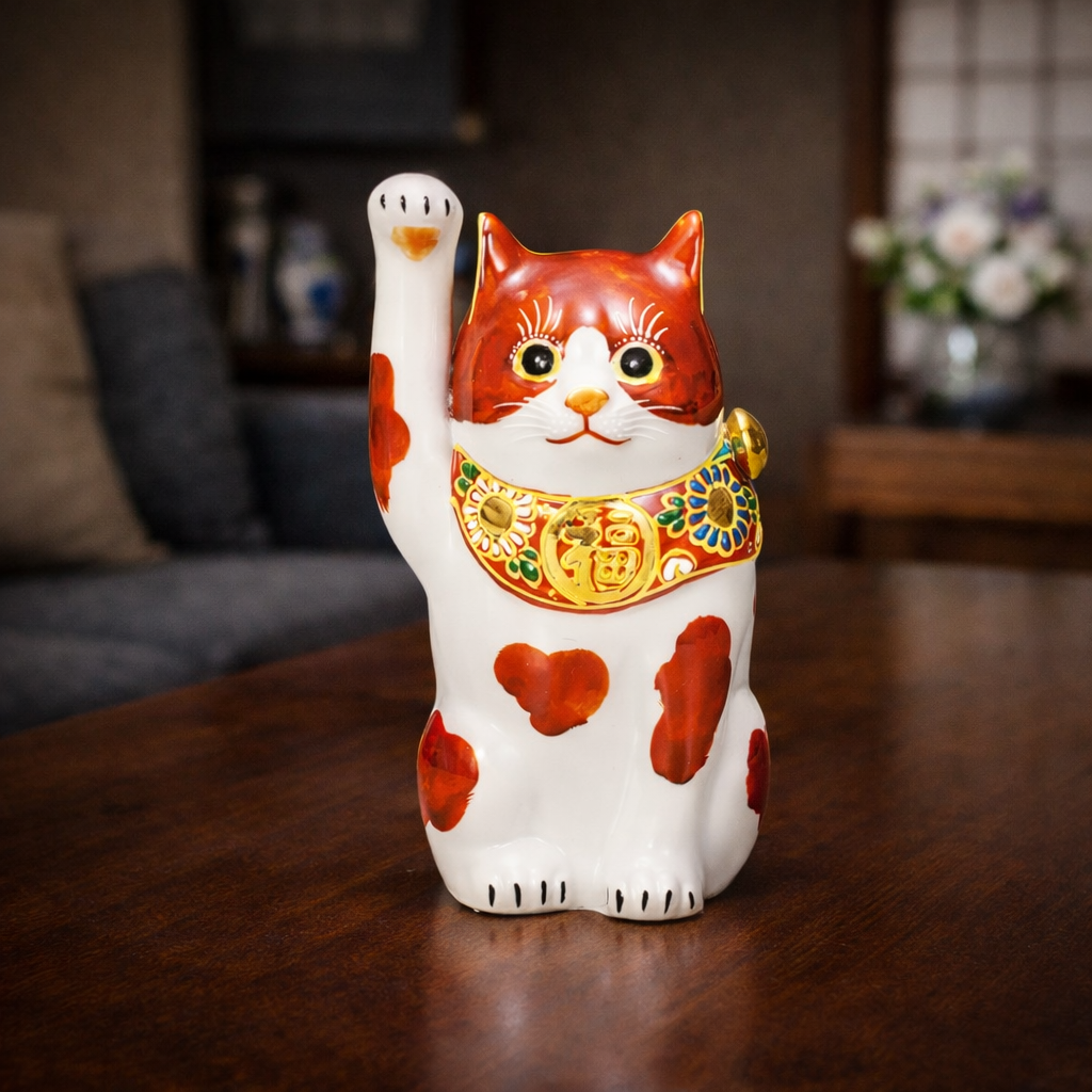 KUTANI WARE LUCKY CAT ‘AKA-BUCHI’ – HAND-PAINTED MANEKI NEKO (RED SPOTS)