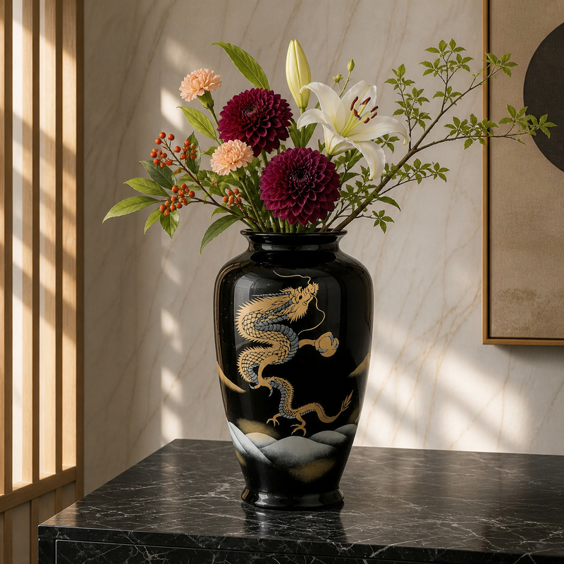 JAPANESE FLOWER VASE KUTANI ASCENDING DRAGON