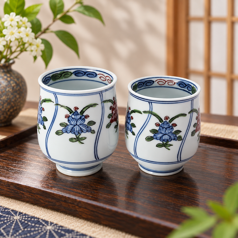 ARITA WARE PAIR YUNOMI TEACUPS “NISHIKI HANAWARI” / RYOSHU KILN