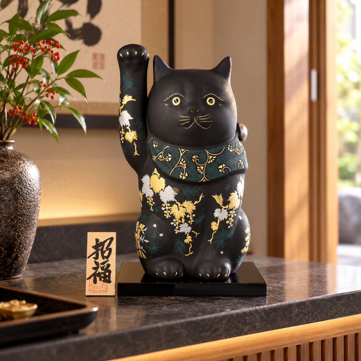 JAPANESE KUTANI WARE LUCKY CAT SHIROGANE-MORI GRAPE DESIGN WITH AOCHIBU /KINGYOKU NAKADA