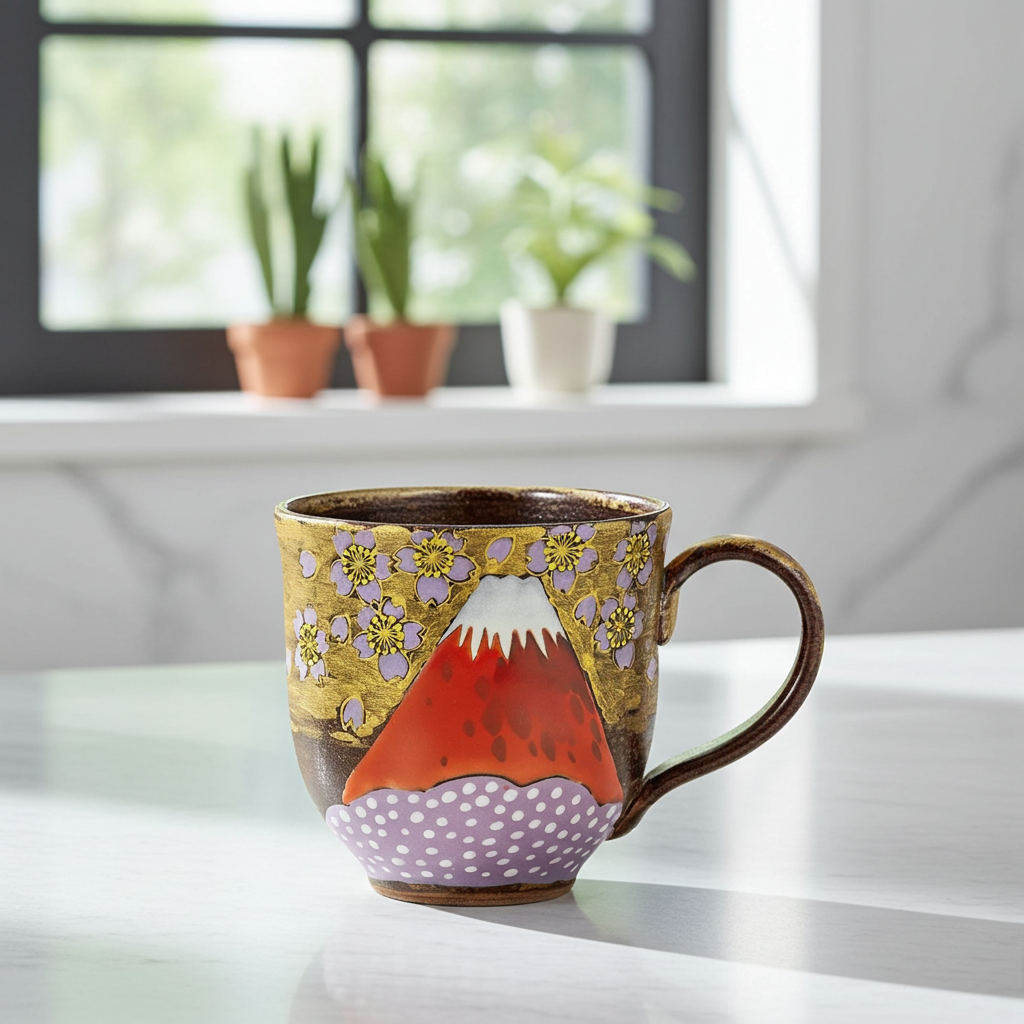 KUTANI WARE MUG “KINUN SAKURA & MOUNT FUJI” HAND-PAINTED BY YOSHINORI FUKUDA | GOLD-DECORATED JAPANESE PORCELAIN | GIFT BOX INCLUDED