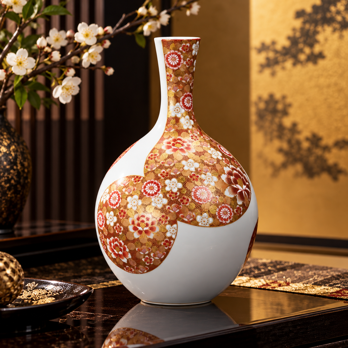 KUTANI WARE VASE AKAE & GOLD HANA-ZUME PATTERN / TAKA TOSHIFUMI