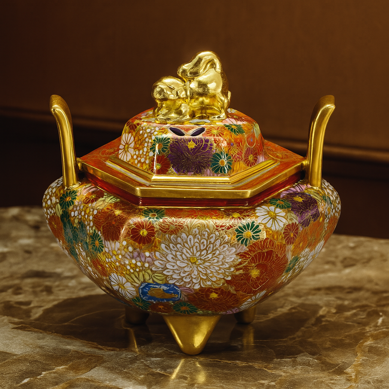 KUTANI PORCELAIN INCENSE BURNER – TRADITIONAL GOLD HANA-ZUME DECORATION
