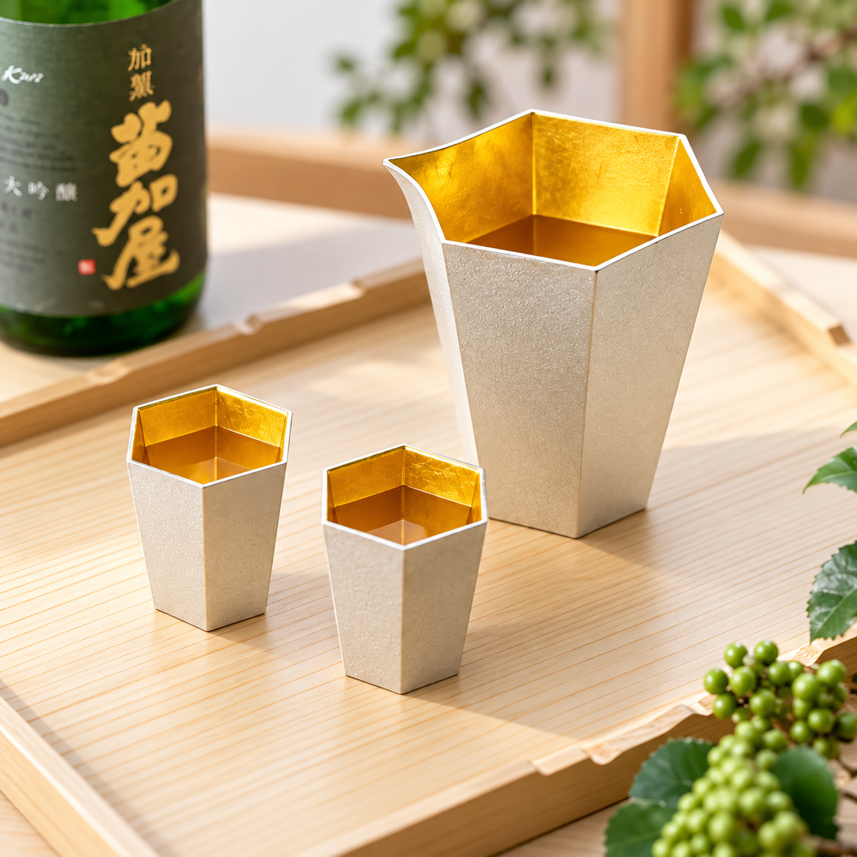 NOUSAKU “ROKU” GOLD LEAF KATAKUCHI AND GUINOMI SAKE SET (3-PIECE TIN SET)