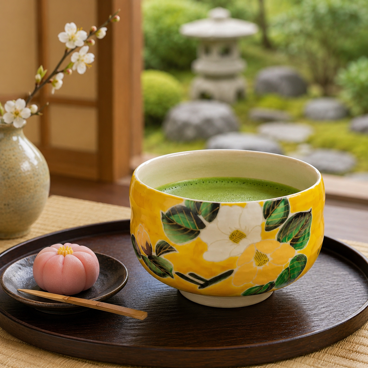 KUTANI WARE MATCHA BOWL CHAWAN YOSHIDAYA CAMELLIA