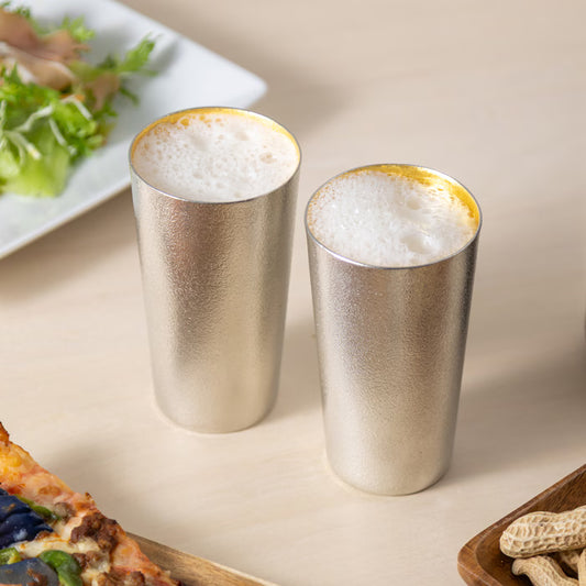 NOUSAKU JAPANESE TIN BEER CUPS WITH GOLD LEAF – SET OF 2|MADE IN JAPAN|PAULOWNIA WOOD BOX