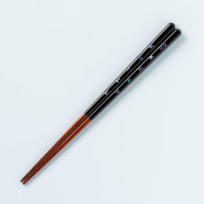 WAKASA LACQUER CHOPSTICKS PAIR “UMI NO OTO” WITH SHELL BOOKMARK & RAKUGAN SHELL CHOPSTICK REST SET