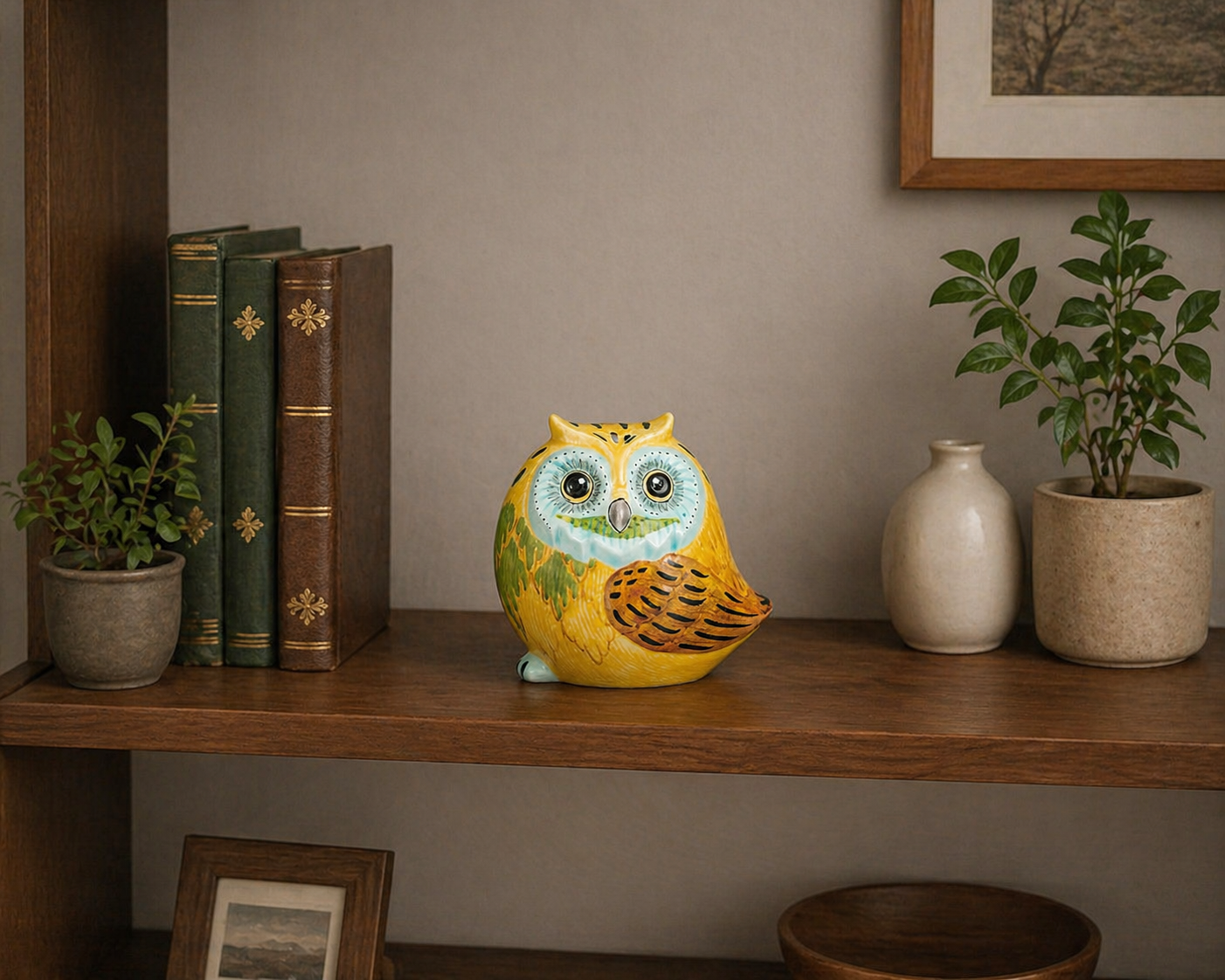 KUTANI WARE OWL FIGURINE (SIDE-FACING) – YELLOW OVERGLAZE