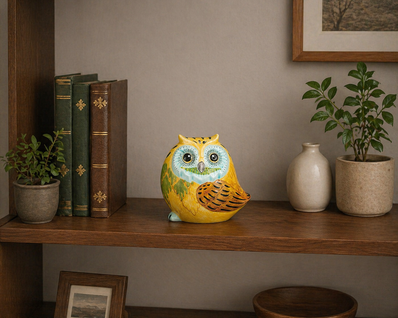 KUTANI WARE OWL FIGURINE (SIDE-FACING) – YELLOW OVERGLAZE