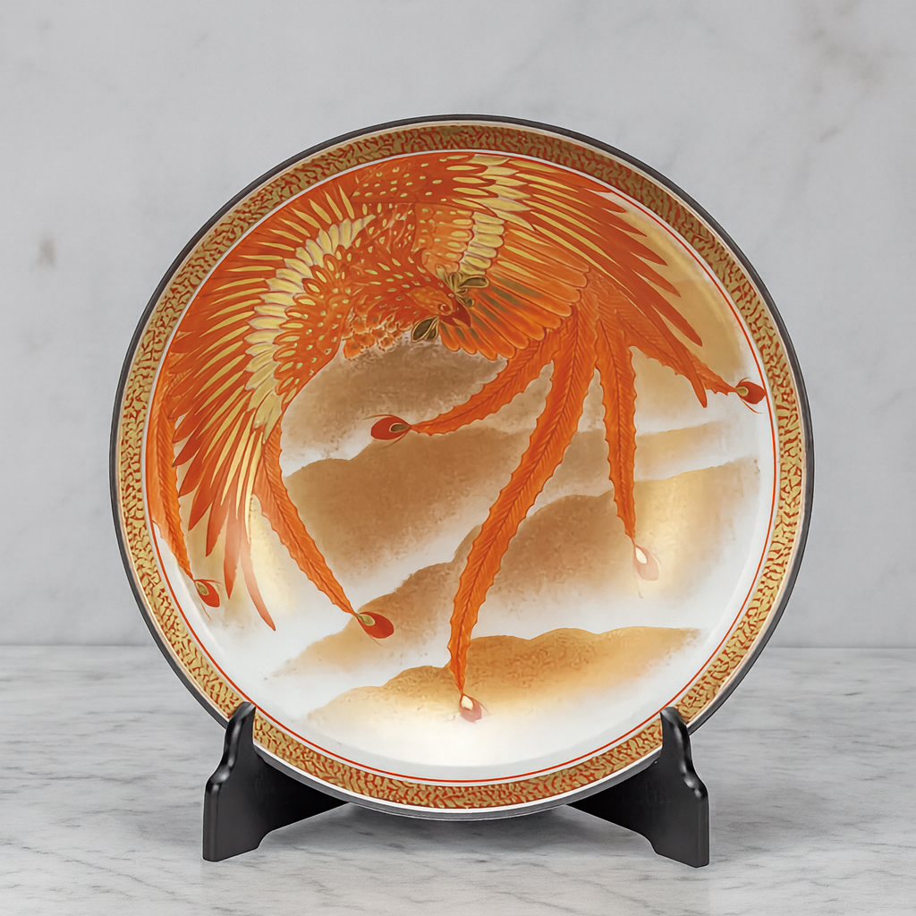 JAPANESE KUTANI WARE KINRANDE PHOENIX DECORATIVE PLATE – HAND-PAINTED BY YOSHINORI FUKUDA, WITH DISPLAY STAND, WOODEN BOX