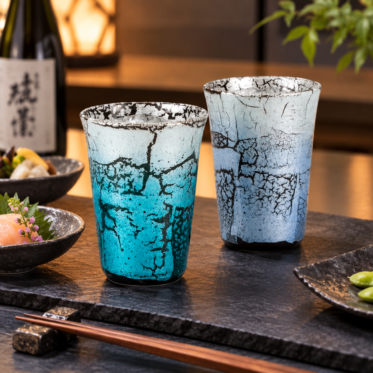 KUTANI WARE PAIR OF TALL FREE CUPS GINSAI