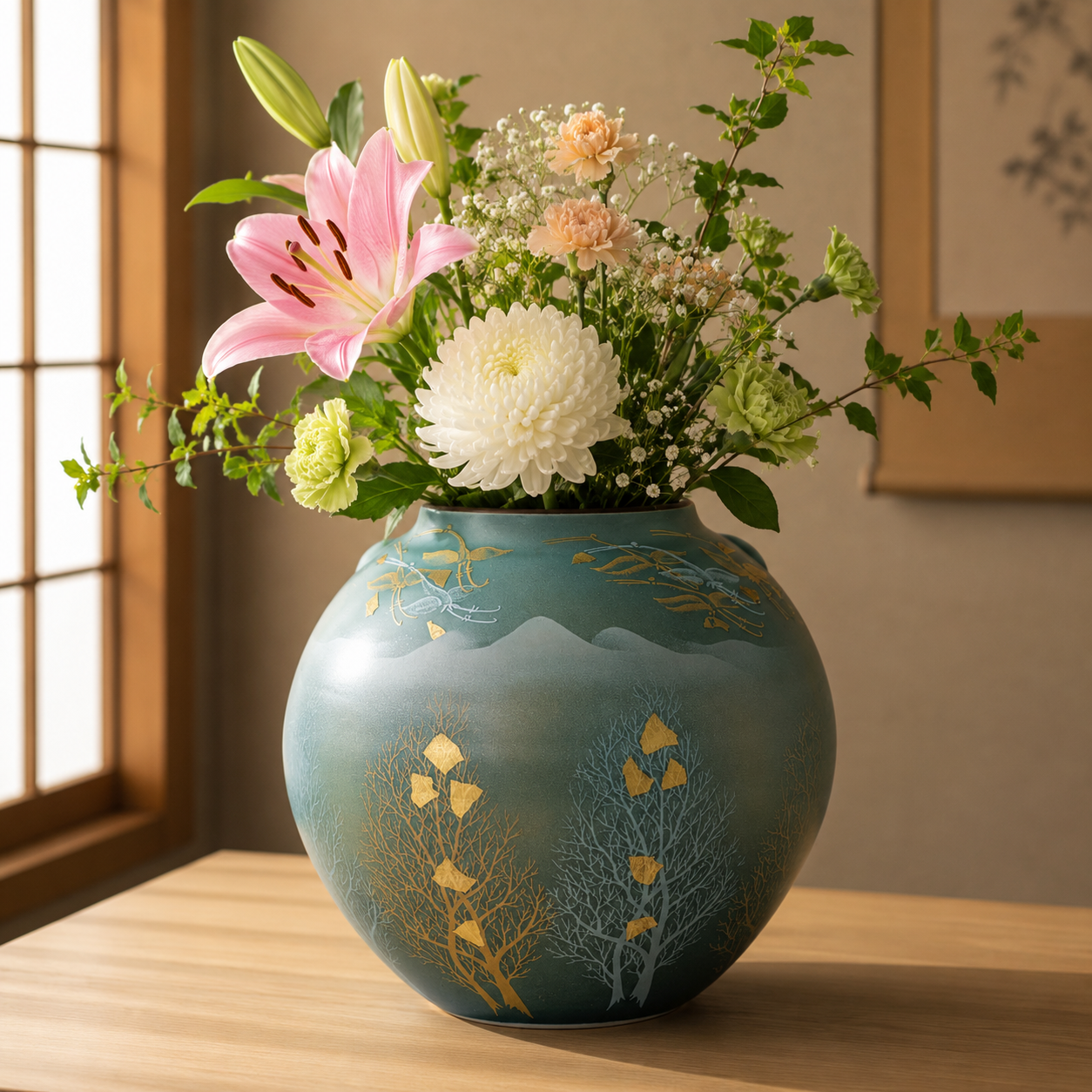 KUTANI WARE FLOWER VASE “WOODED MOUNTAIN RANGE