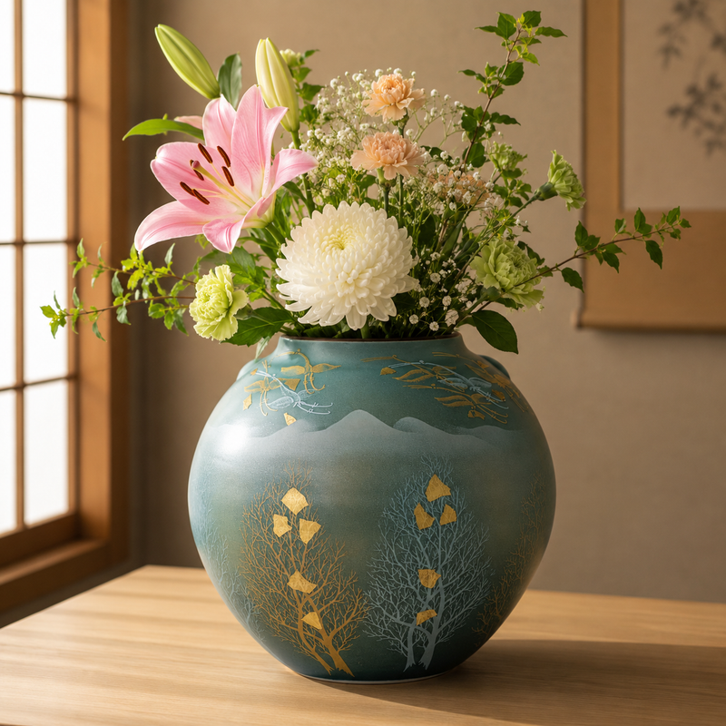 KUTANI WARE FLOWER VASE “WOODED MOUNTAIN RANGE