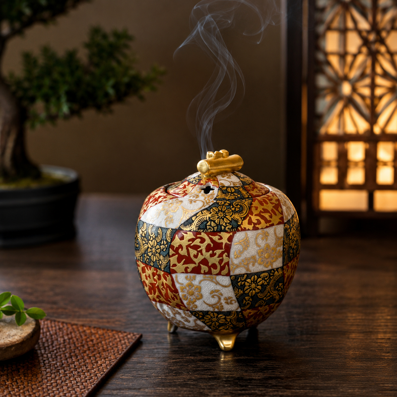KUTANI WARE JAPANESE INCENSE BURNER “MORIKIN KARAKUSA MON SEIHAKURYU” / KINGYOKU NAKADA