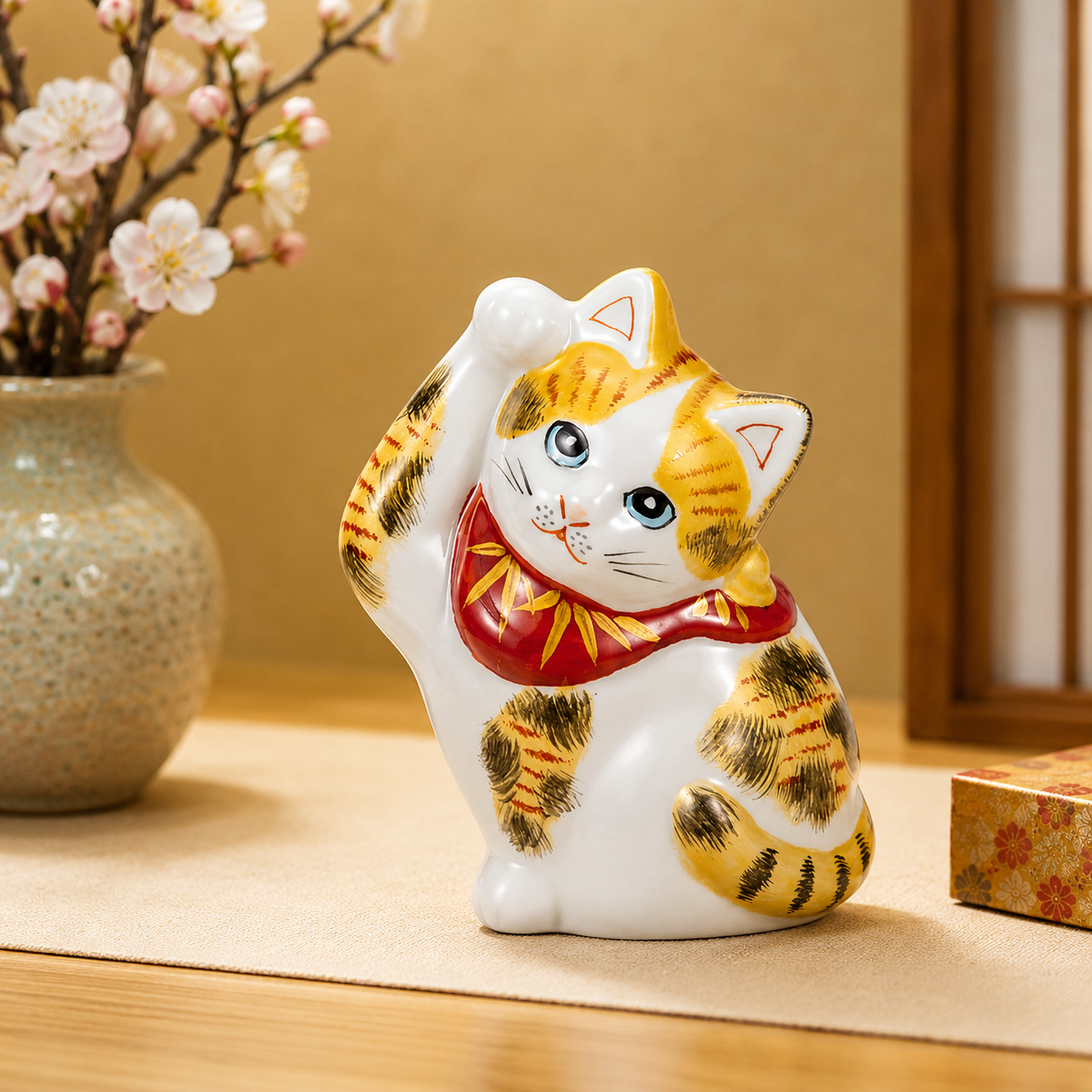 KUTANI WARE EAR CLEANING CAT (MANEKI NEKO) GOLD PAINTED CALICO