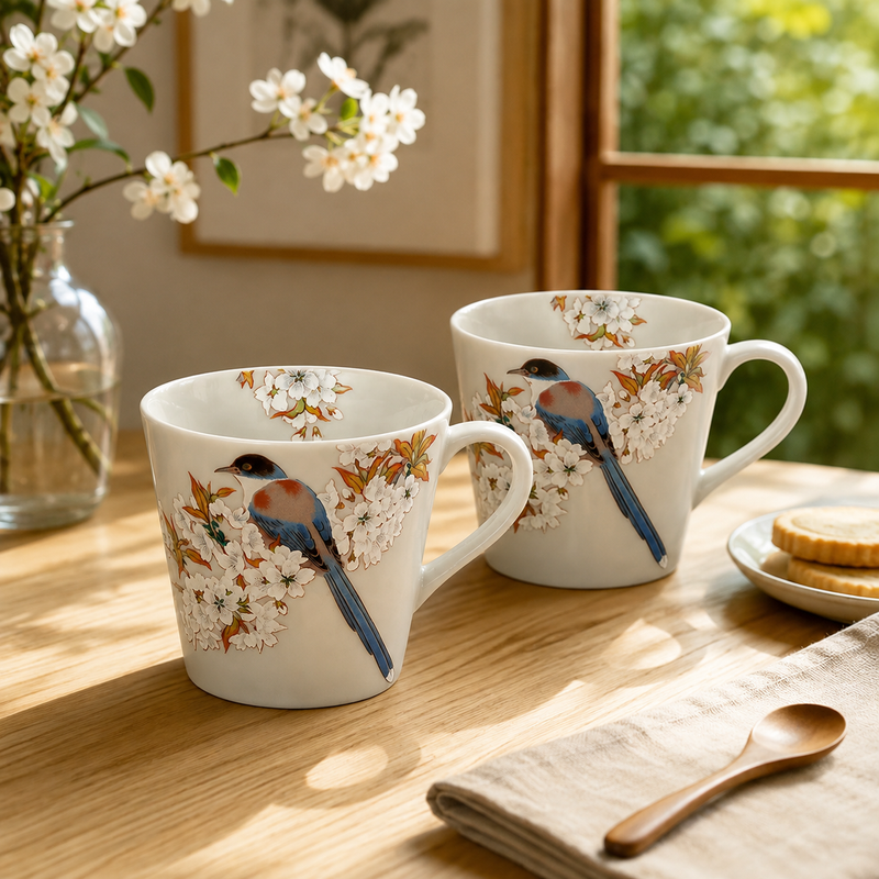 KUTANI WARE PORCELAIN PAIR MUGS – MOUNTAIN CHERRY BLOSSOMS AND BIRD MOTIF