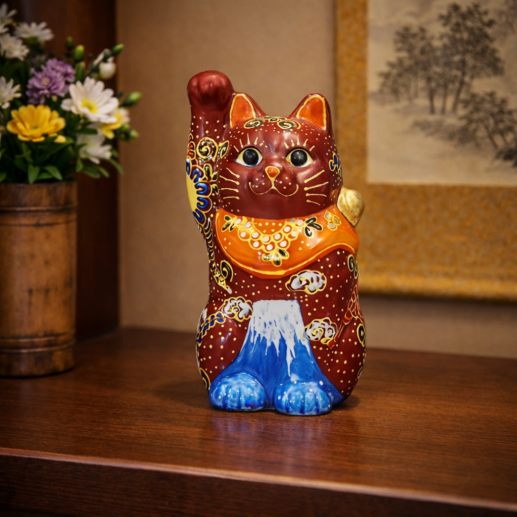 KUTANI WARE MANEKI NEKO – JAPANESE LUCKY CAT FIGURINE WITH MT. FUJI DESIGN, HAND-PAINTED PORCELAIN FROM JAPAN