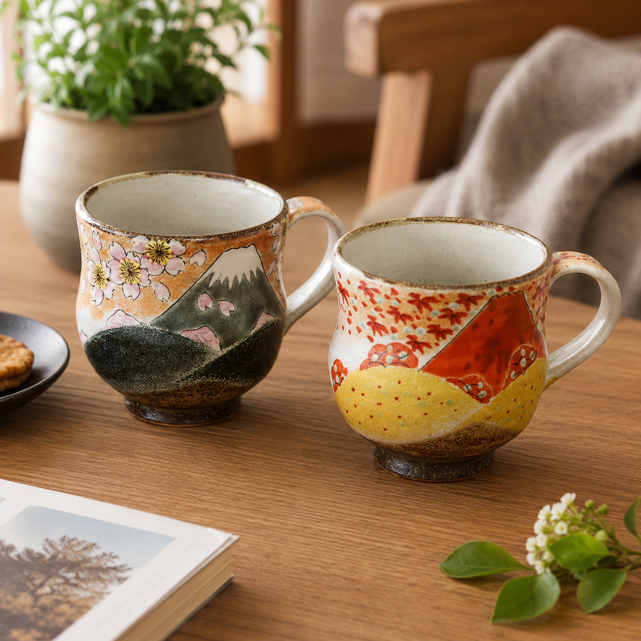 KUTANI WARE PAIR OF MUGS – HANDCRAFTED JAPANESE PORCELAIN ‘SPRING FUJI & AUTUMN FUJI’ BY YOSHINORI FUKUDA
