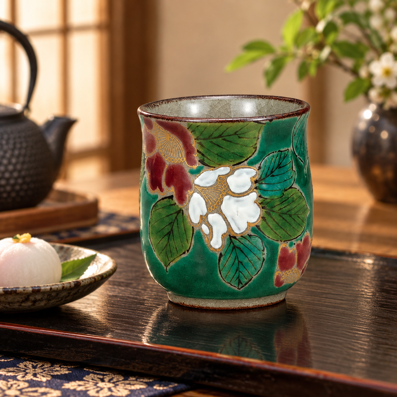 KUTANI WARE YUNOMI GREEN CAMELLIA