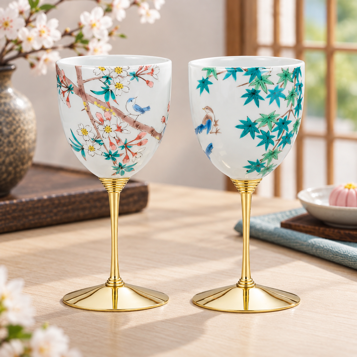 KUTANI WARE PAIR OF WINE CUPS BIRDS THROUGH THE SEASONS