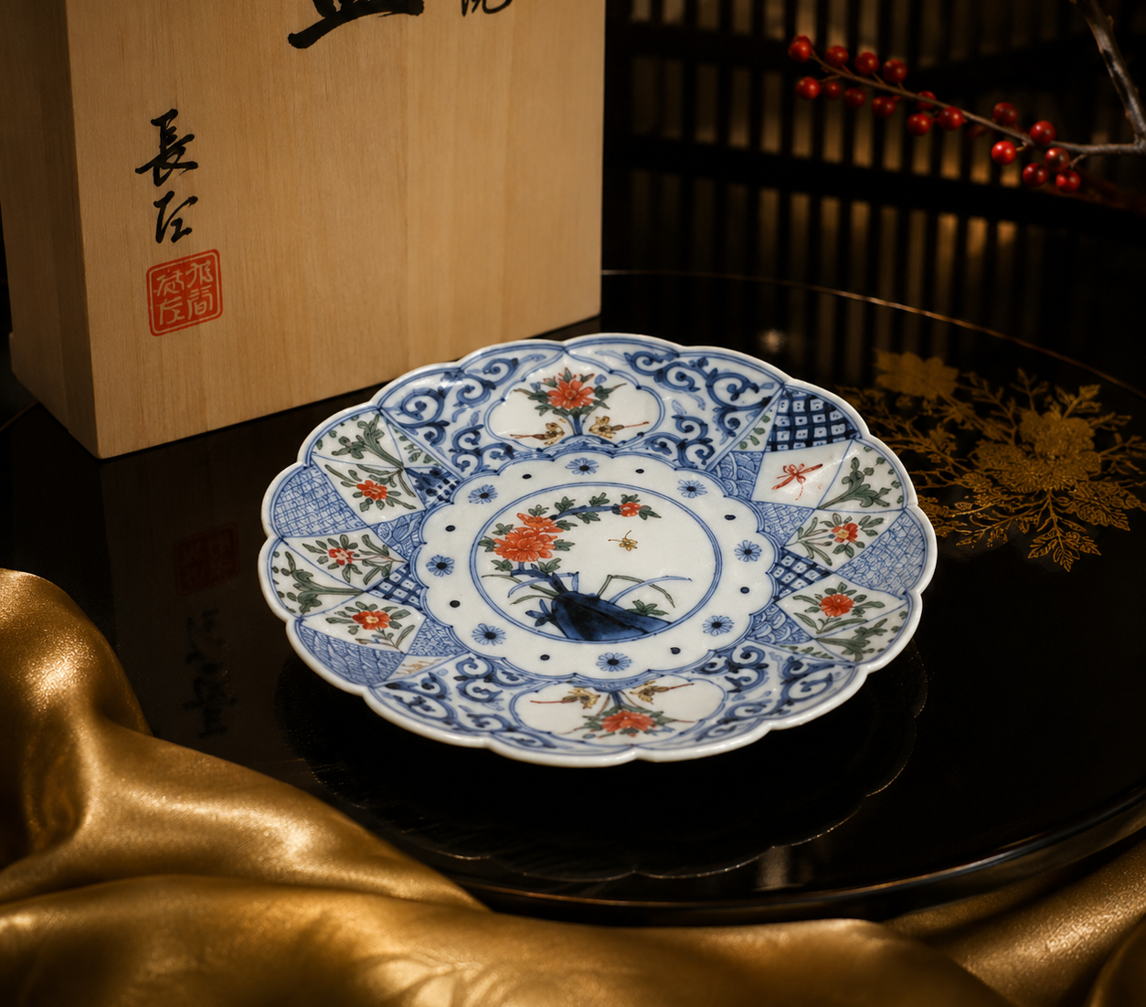 [IMPERIAL HOUSEHOLD PURVEYOR] KUTANI WARE IRO-E PANEL DESIGN WITH FLOWERS AND BIRDS / CHOZA YAMAMOTO