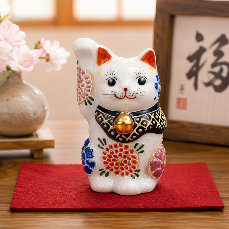 KUTANI WARE LUCKY CAT(MANEKI NEKO) LUXURIOUS FLORAL PATTERN