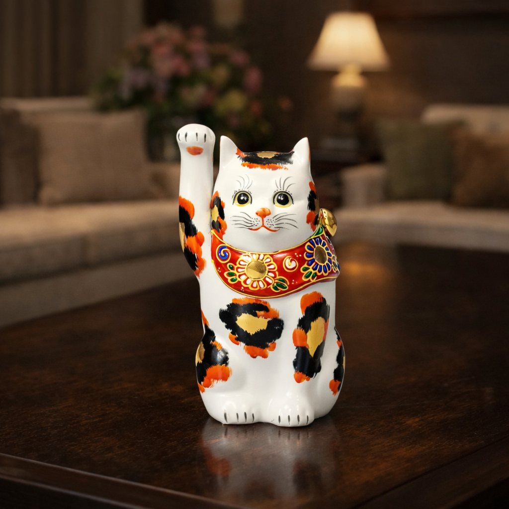 KUTANI WARE LUCKY CAT ‘KIN-MIKE’ – HAND-PAINTED MANEKI NEKO (GOLDEN CALICO)