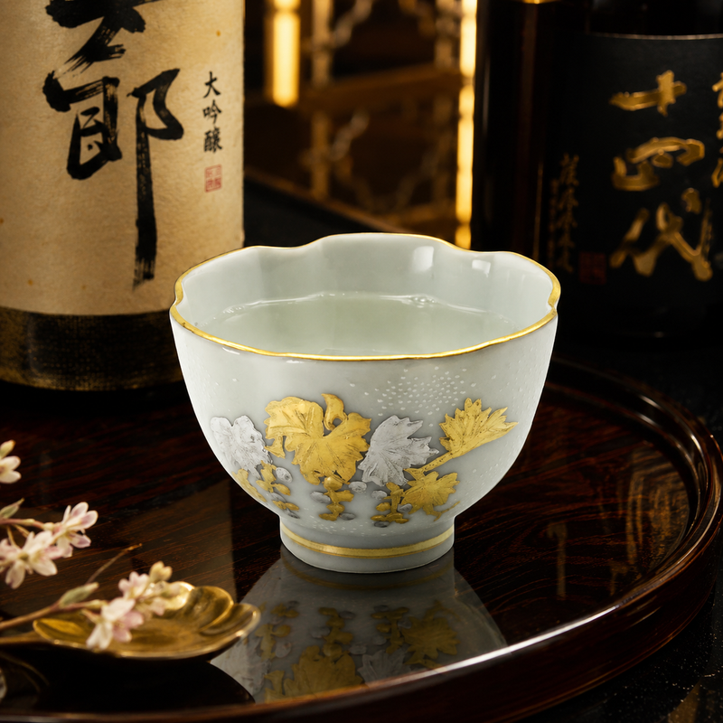 KUTANI WARE SAKAZUKI – PLATINUM GRAPE & WHITE AOCHIBU “MOON AND RABBIT” BY KINGYOKU NAKATA