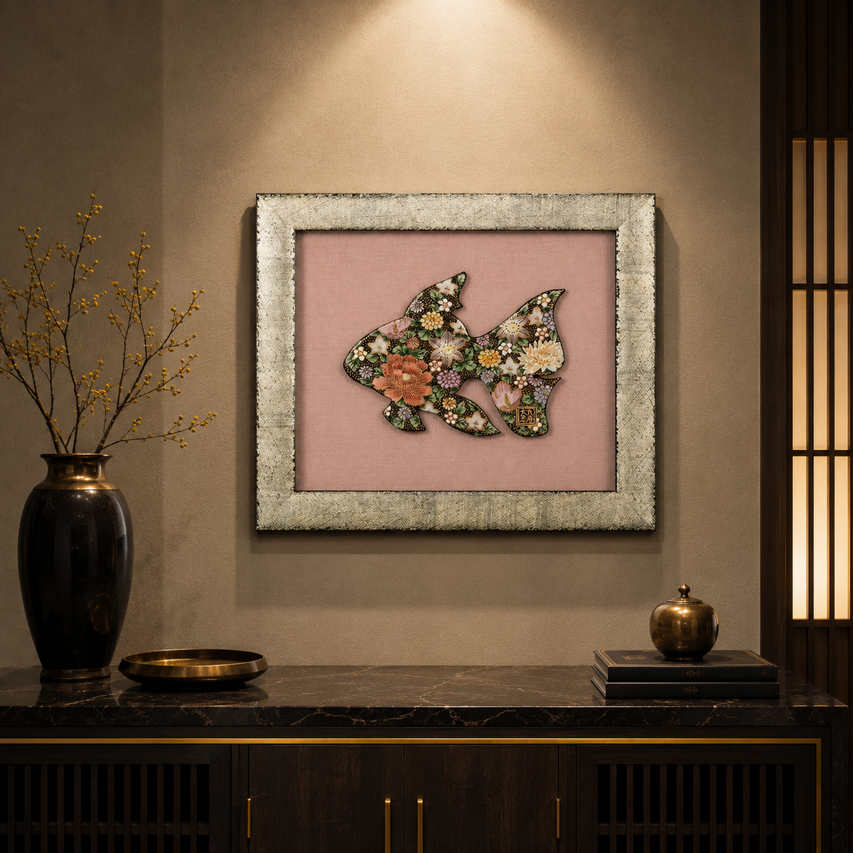KUTANI WARE CERAMIC PLAQUE HANAZUME GOLDFISH