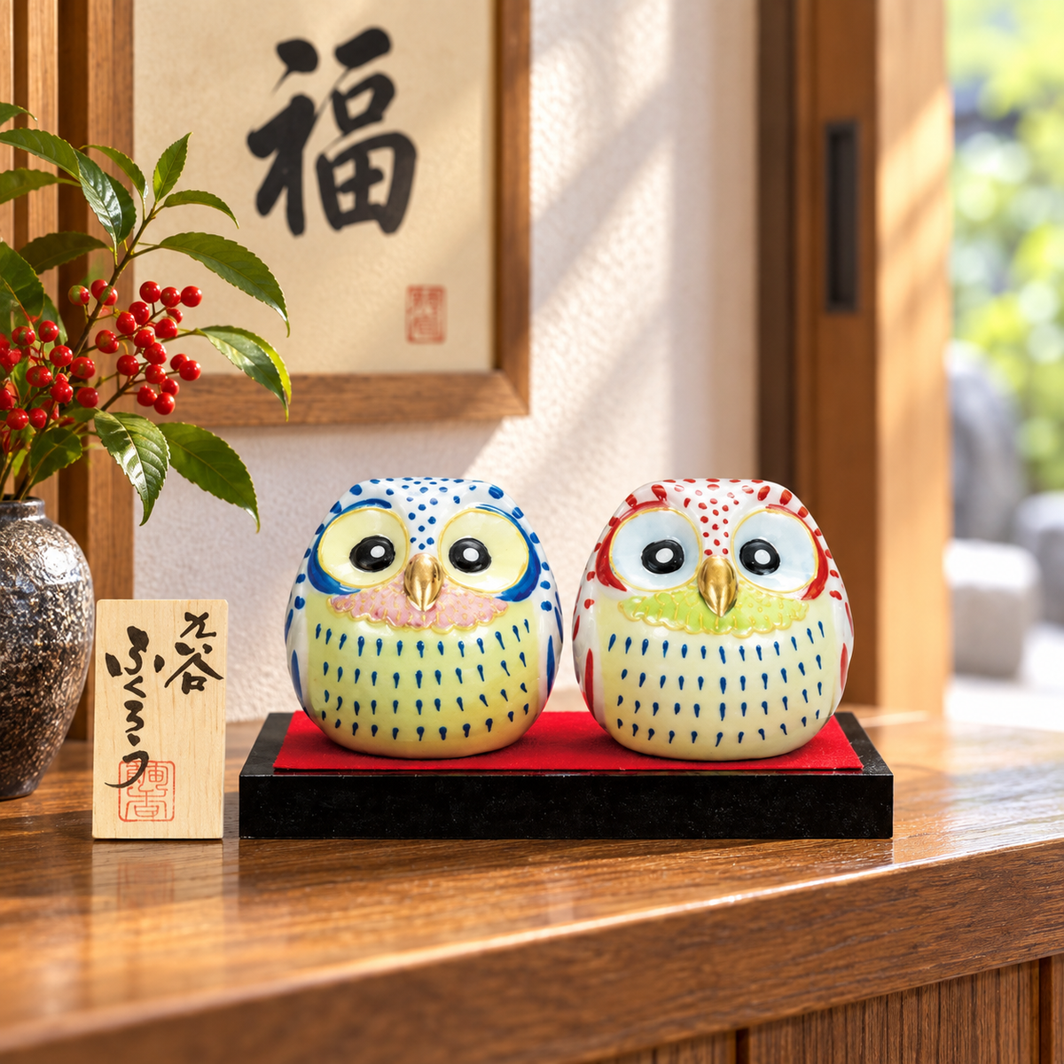KUTANI WARE PAIR OF OWL FIGURINE (WITH STAND, RUG, AND STANDING SIGN)