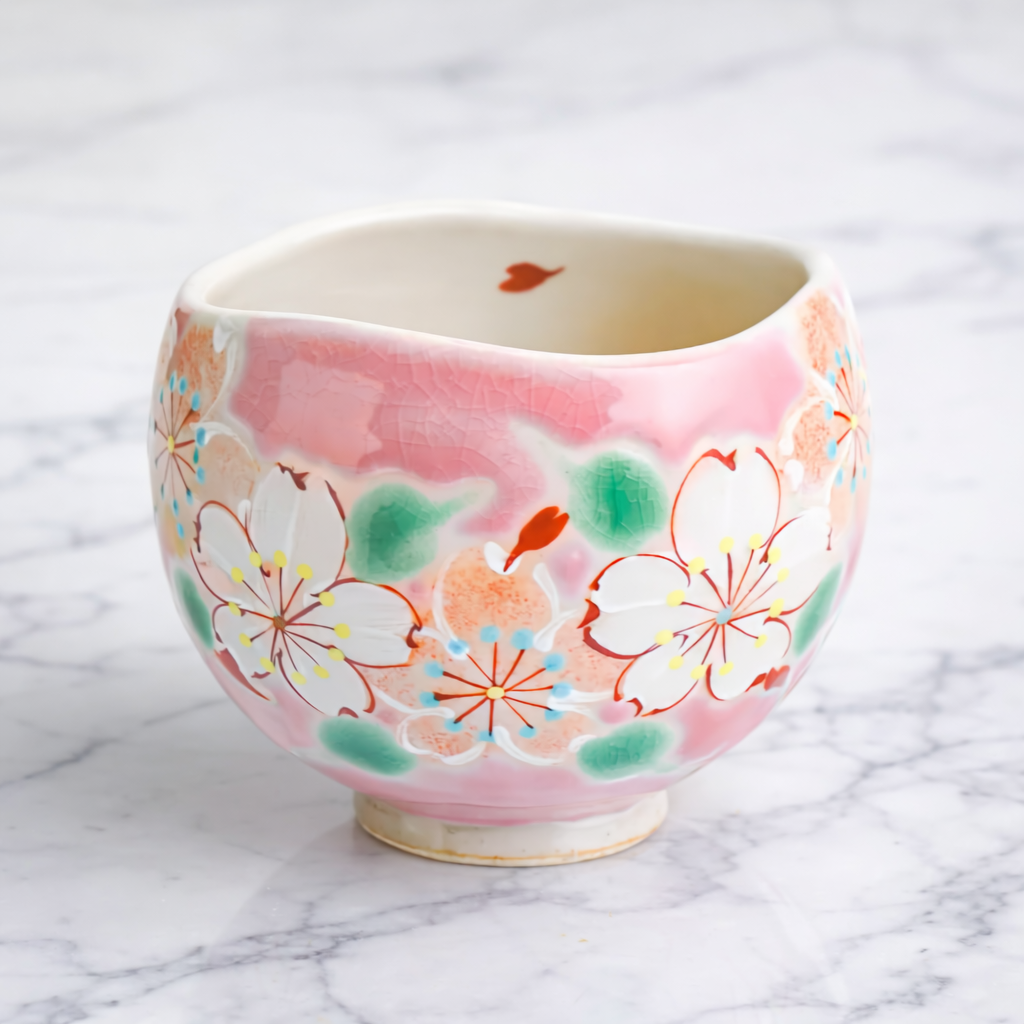 KUTANI WARE IPPUKU TEA BOWL “SAI BIYORI” SAKURA DESIGN, PINK – KOKUZŌU KILN, JAPAN