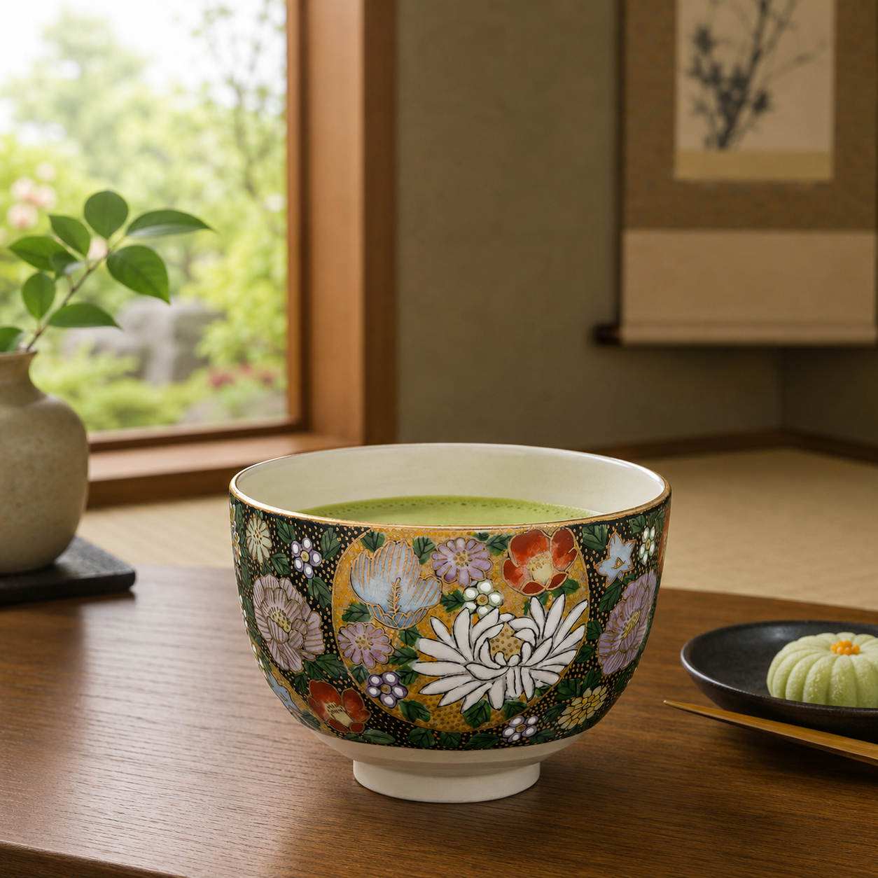 KUTANI WARE MATCHA BOWL CHAWAN KIN HANAZUME
