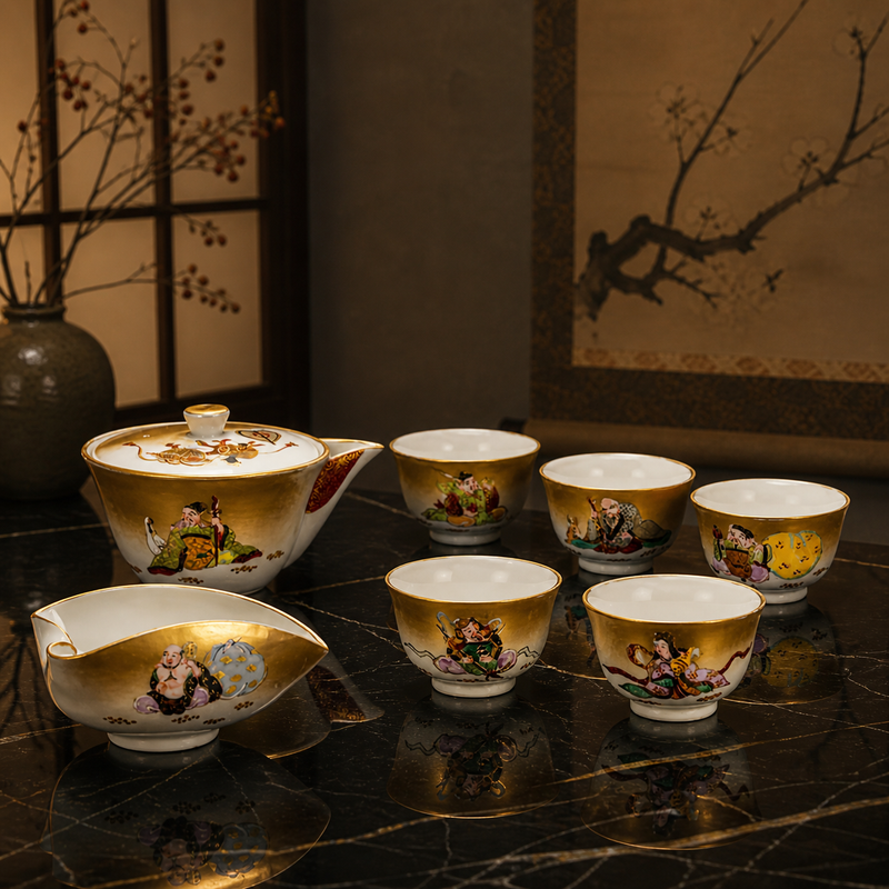 JAPANESE TEAPOT SET KUTANI SEVEN LUCKY GODS HOUHIN / TOSHIFUMI TAKA