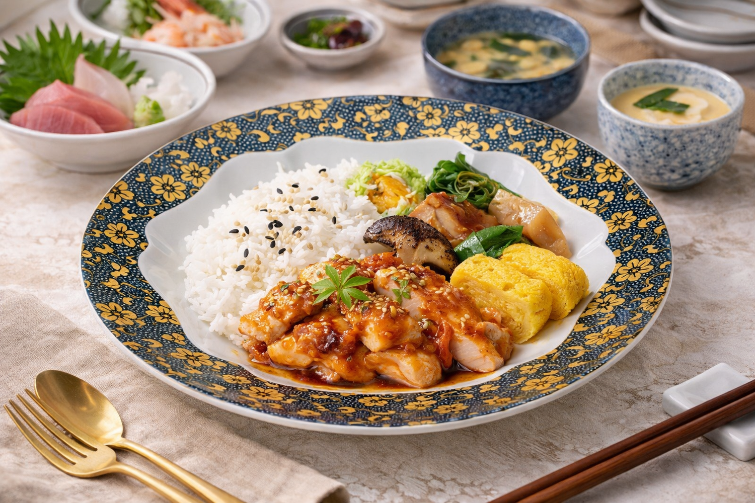 KUTANI WARE PASTA PLATE 24 CM – BLUE GRANULE TESSEN FLORAL DESIGN  JAPANESE CERAMIC PLATE MADE IN JAPAN