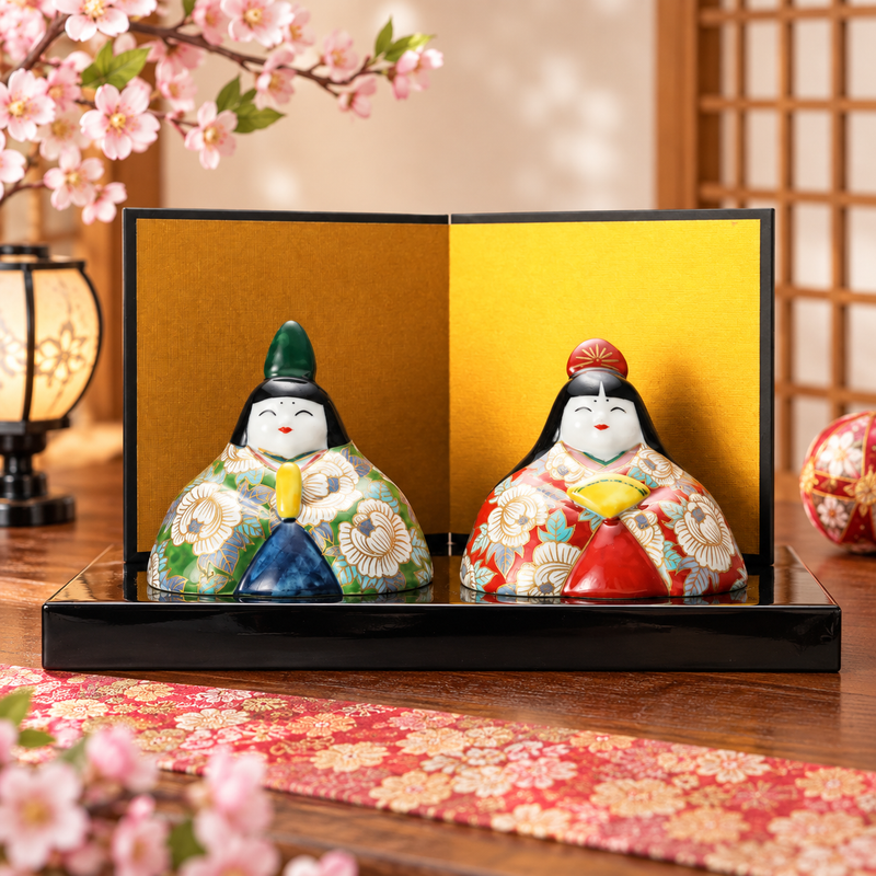 ARITA WARE HINA DOLLS “PEONY” WITH GOLD SCREEN & DISPLAY BASE / KOSUZU TOGEI