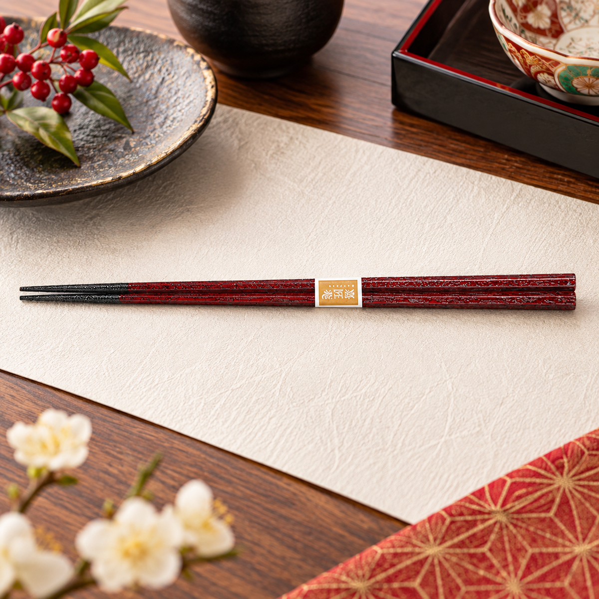 YAMANAKA LACQUERWARE - OCTAGONAL CHOPSTICKS – RED FINISH (NON-SLIP) 23CM