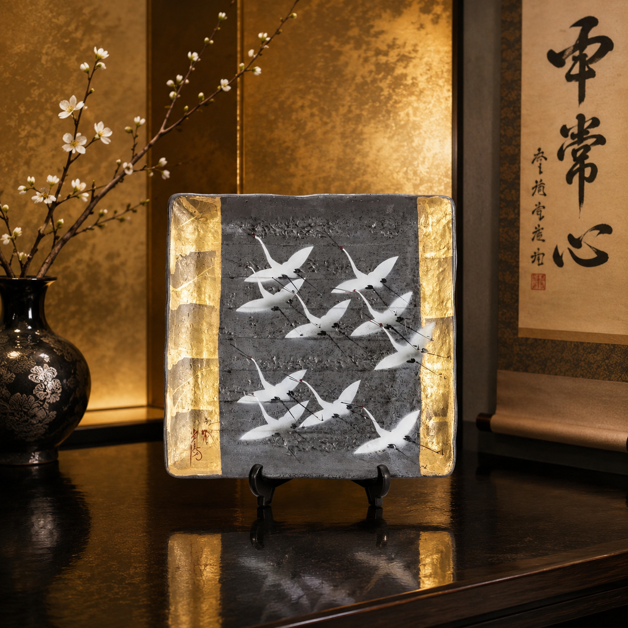 KUTANI JAPANESE DECORATIVE PLATE GOLD LEAF FLOCK OF CRANES (WITH PLATE STAND)/TOYOSHI YAMADA