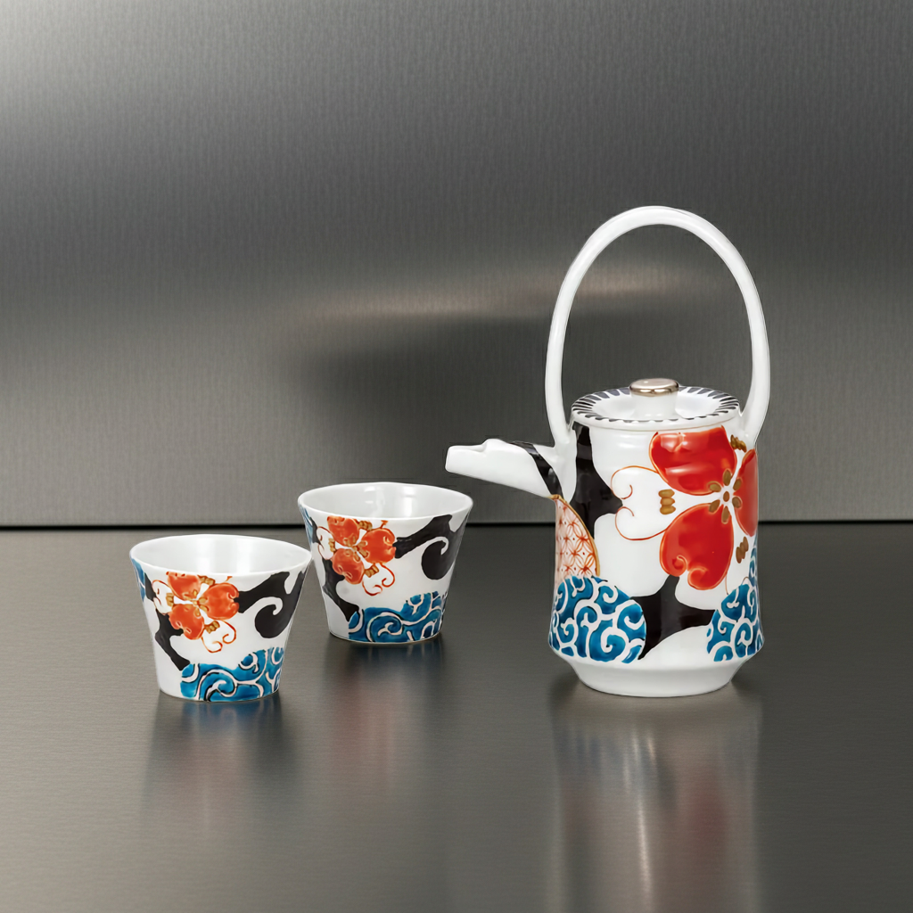 KUTANI WARE SAKE SET COLORED ARABESQUE WITH FLOWERS/TSUYOSHI SATOU