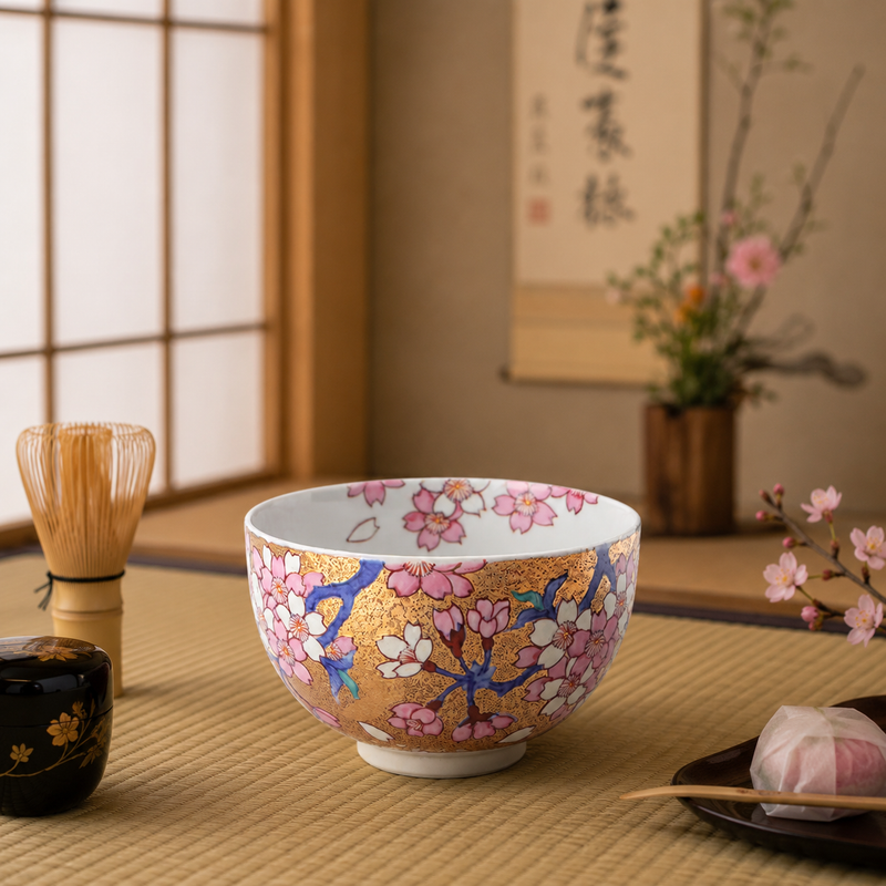 ARITA WARE MATCHA BOWL (GOLD SAKURA DESIGN) / KINRYU KILN