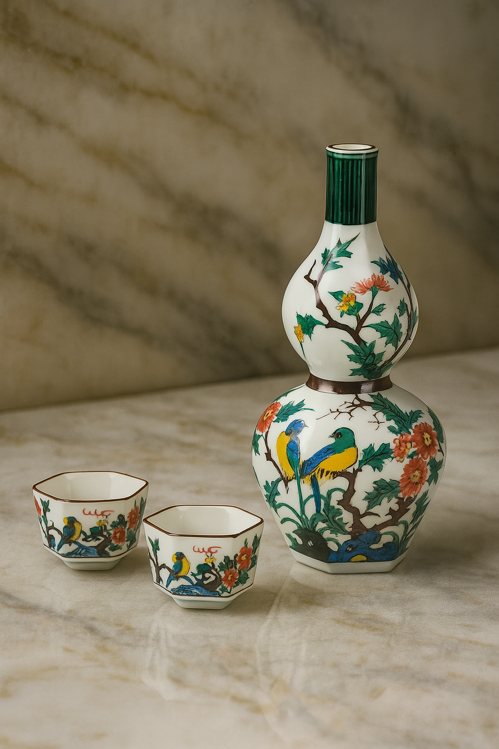 KUTANI JAPANESE SAKE SET KO-KUTANI STYLE FLOWERS AND BIRDS