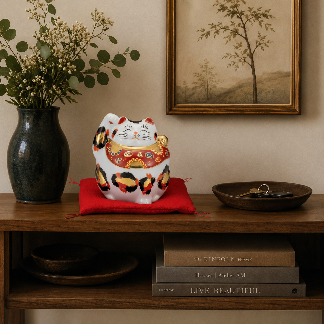 KUTANI WARE MANEKI NEKO LUCKY CAT – GOLDEN CALICO WITH CUSHION