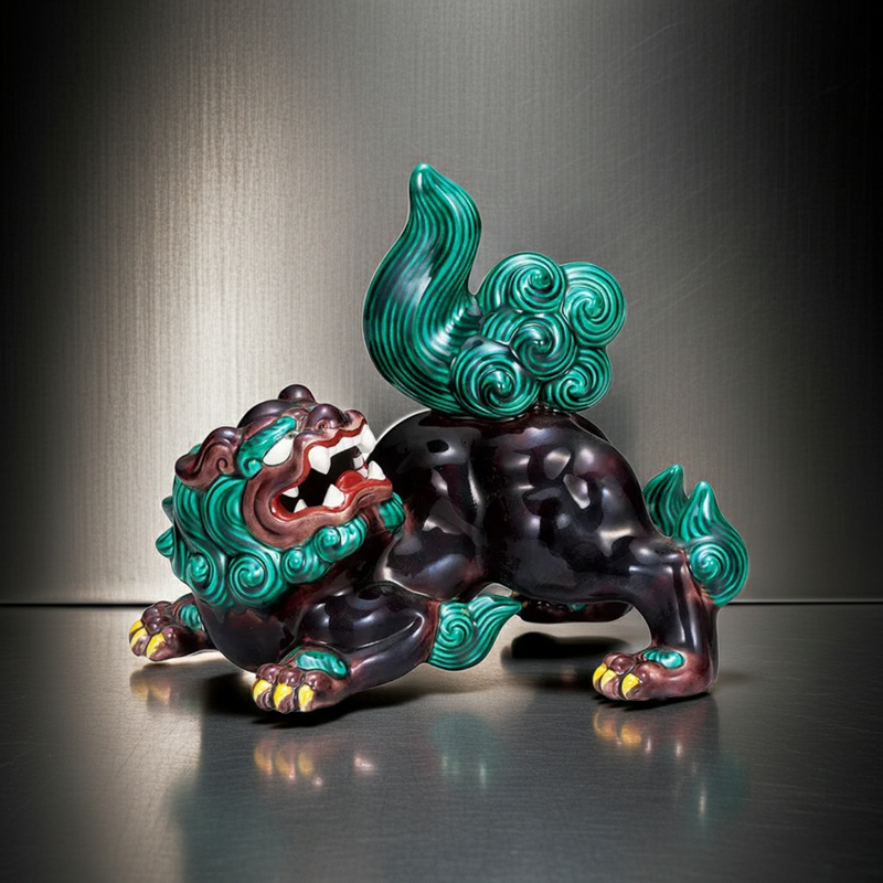 JAPANESE KUTANI PORCELAIN MOON-GAZING GUARDIAN LION – COCHI-STYLE GLAZE