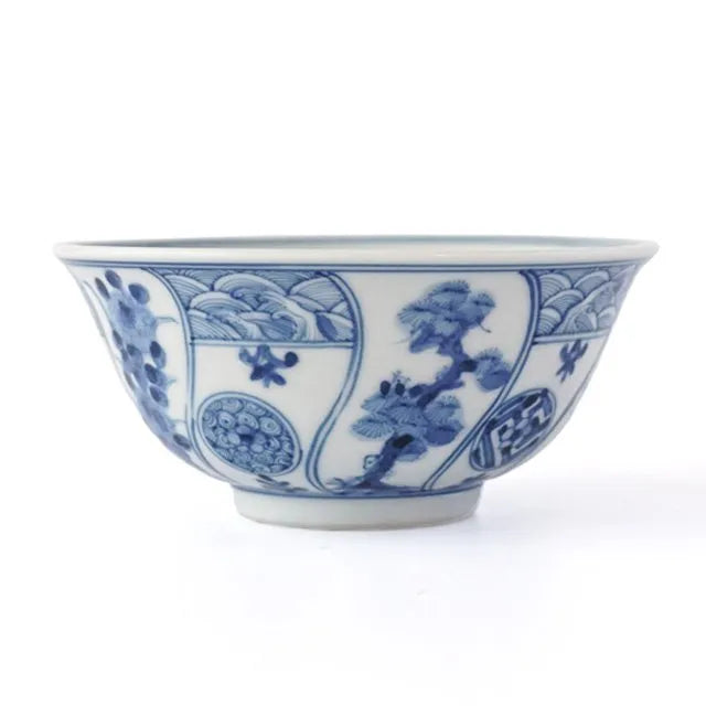 [IMPERIAL HOUSEHOLD PURVEYOR KILN] KUTANI WARE RICE BOWL (SMALL) – BLUE & WHITE AUSPICIOUS TREE AND FLOWER PATTERN BY CHOZA YAMAMOTO