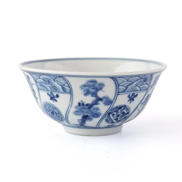 [IMPERIAL HOUSEHOLD PURVEYOR KILN] KUTANI WARE RICE BOWL (SMALL) – BLUE & WHITE AUSPICIOUS TREE AND FLOWER PATTERN BY CHOZA YAMAMOTO