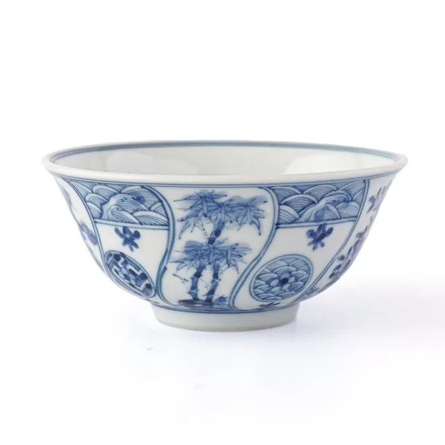 [IMPERIAL HOUSEHOLD PURVEYOR KILN] KUTANI WARE RICE BOWL (SMALL) – BLUE & WHITE AUSPICIOUS TREE AND FLOWER PATTERN BY CHOZA YAMAMOTO