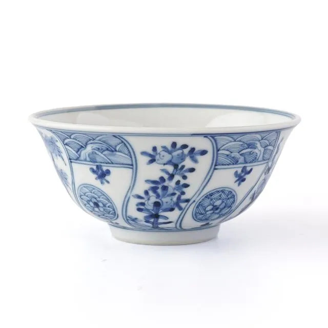 [IMPERIAL HOUSEHOLD PURVEYOR KILN] KUTANI WARE RICE BOWL (SMALL) – BLUE & WHITE AUSPICIOUS TREE AND FLOWER PATTERN BY CHOZA YAMAMOTO