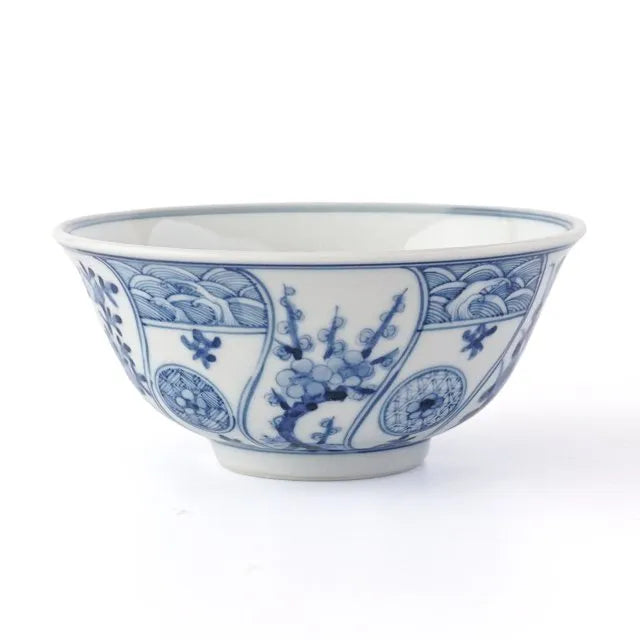 [IMPERIAL HOUSEHOLD PURVEYOR KILN] KUTANI WARE RICE BOWL (SMALL) – BLUE & WHITE AUSPICIOUS TREE AND FLOWER PATTERN BY CHOZA YAMAMOTO