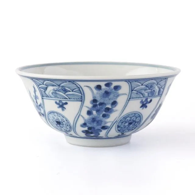 [IMPERIAL HOUSEHOLD PURVEYOR KILN] KUTANI WARE RICE BOWL (SMALL) – BLUE & WHITE AUSPICIOUS TREE AND FLOWER PATTERN BY CHOZA YAMAMOTO